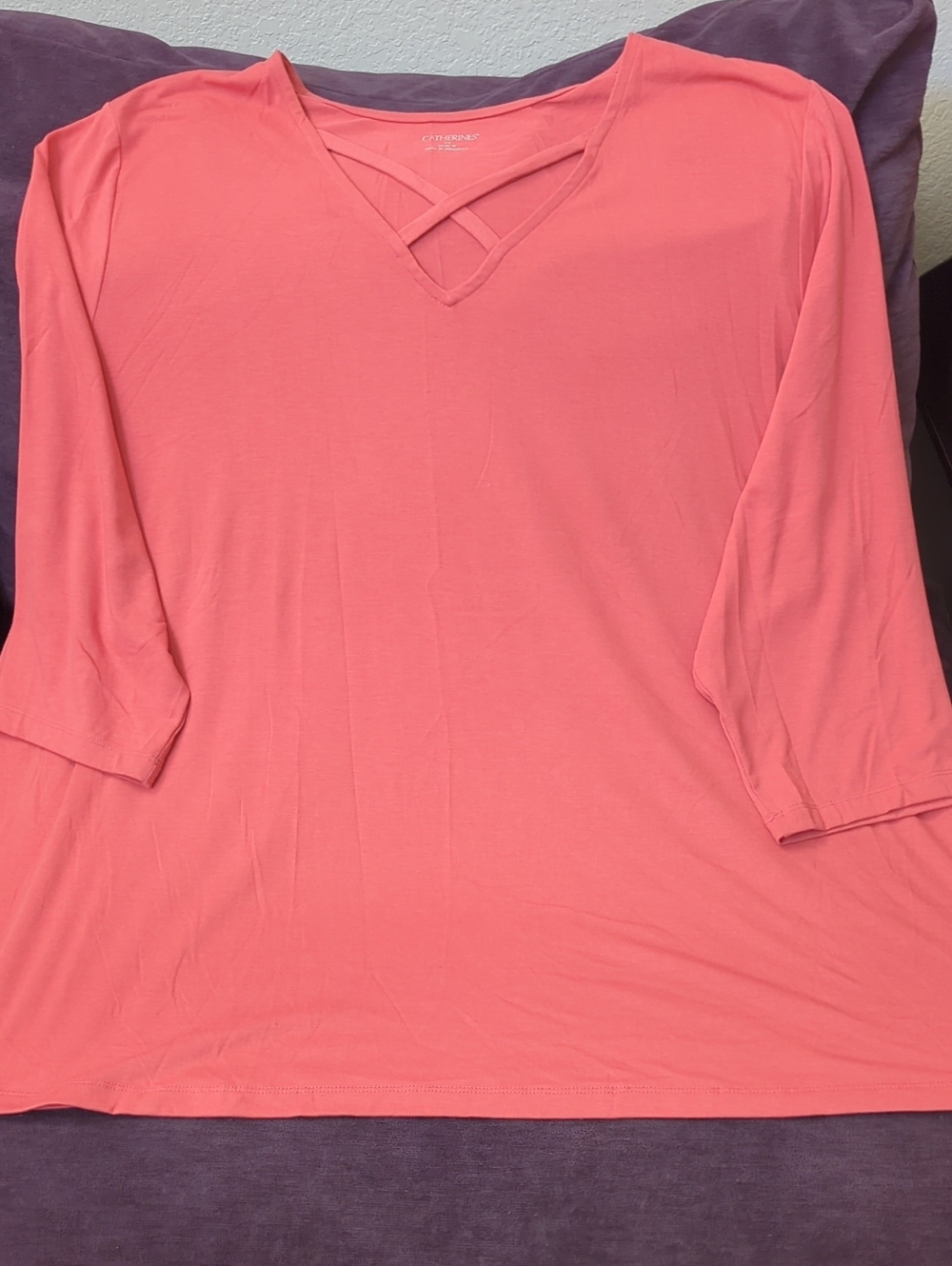 Catherines Coral Pink V-Neck Crisscross Long Sleeve Top